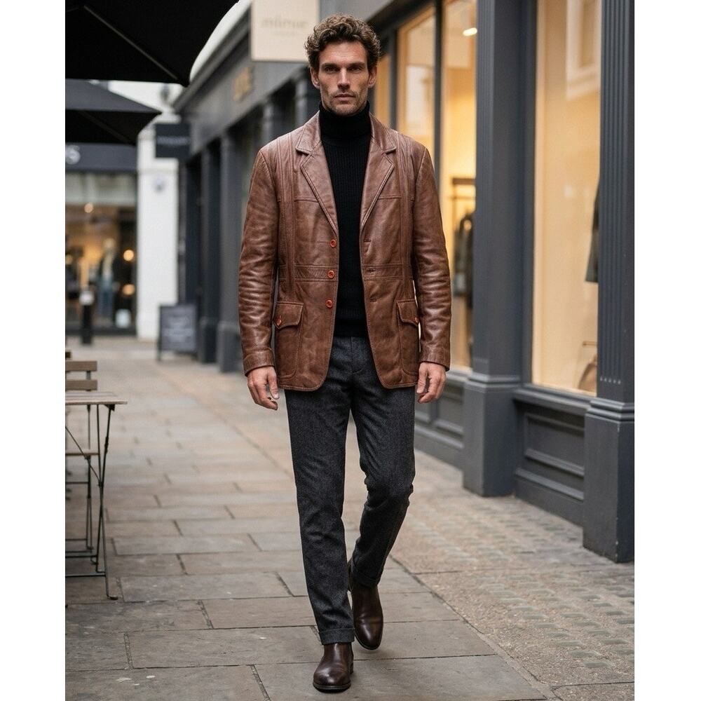 Mens Brown Genuine Soft Buttery Leather Jacket Size 52 Old Money Luxury